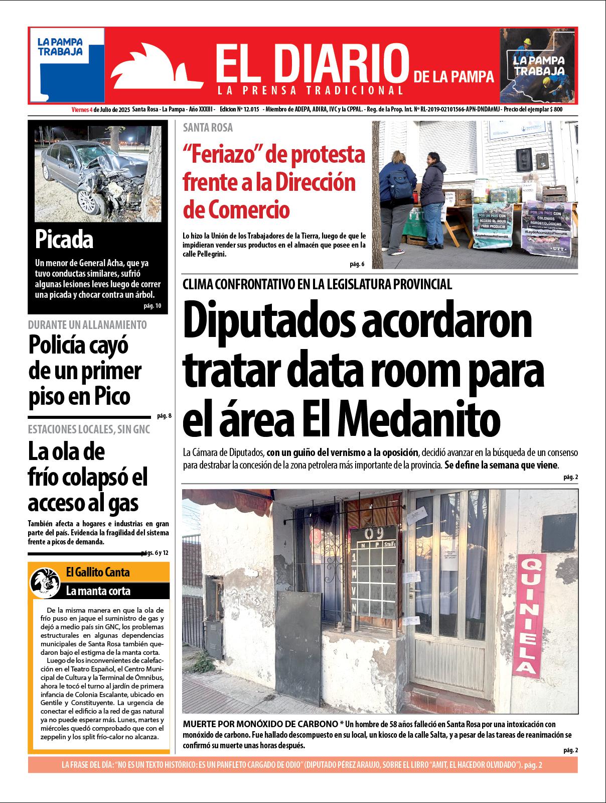 Tapa de El Diario en papel  viernes 04 de julio de 2025